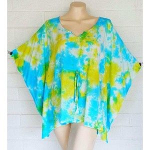 New Sacred Threads One Size Aqua Tie-Dye Pullover Rayon Kaftan Poncho Top